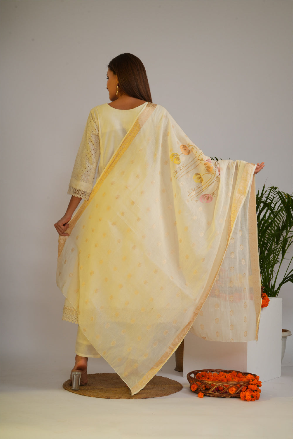 Women Floral Embroidered Thread Work Chanderi Cotton Kurta with Trousers & Dupatta