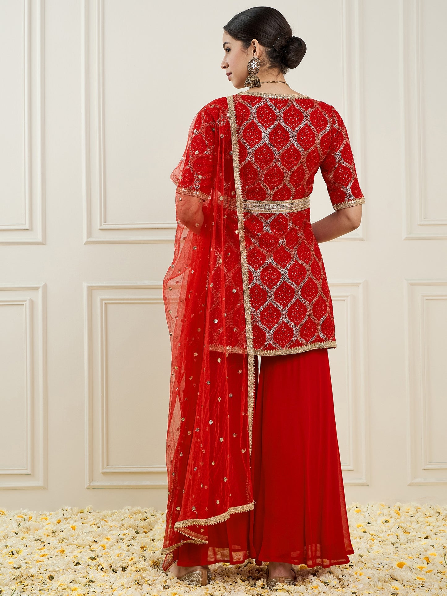 Women Embroidered High Slit Sequinned Silk Georgette Kurta with Sharara & With Dupatta