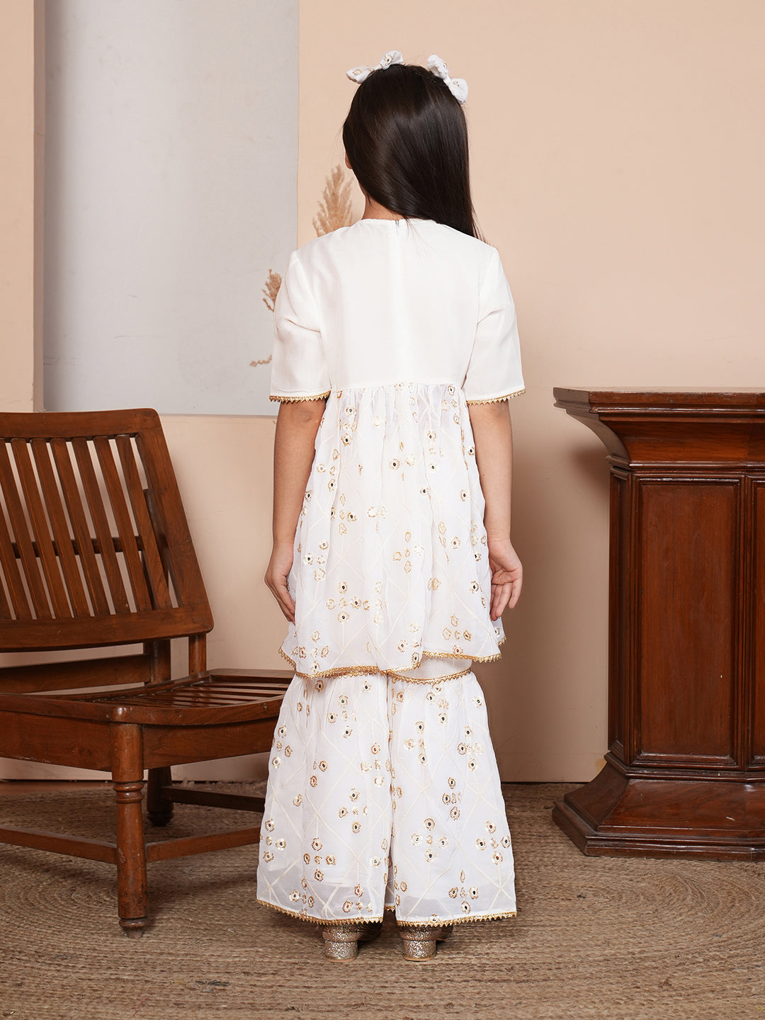 Mirror work white kurta set with Dupatta