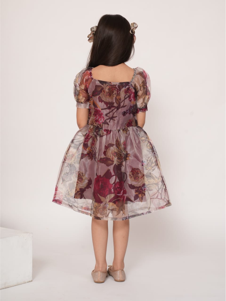 Wine floral printed organza dress