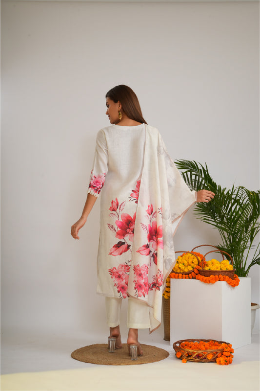 Women Floral Printed Linen Kurta with Trousers & Dupatta