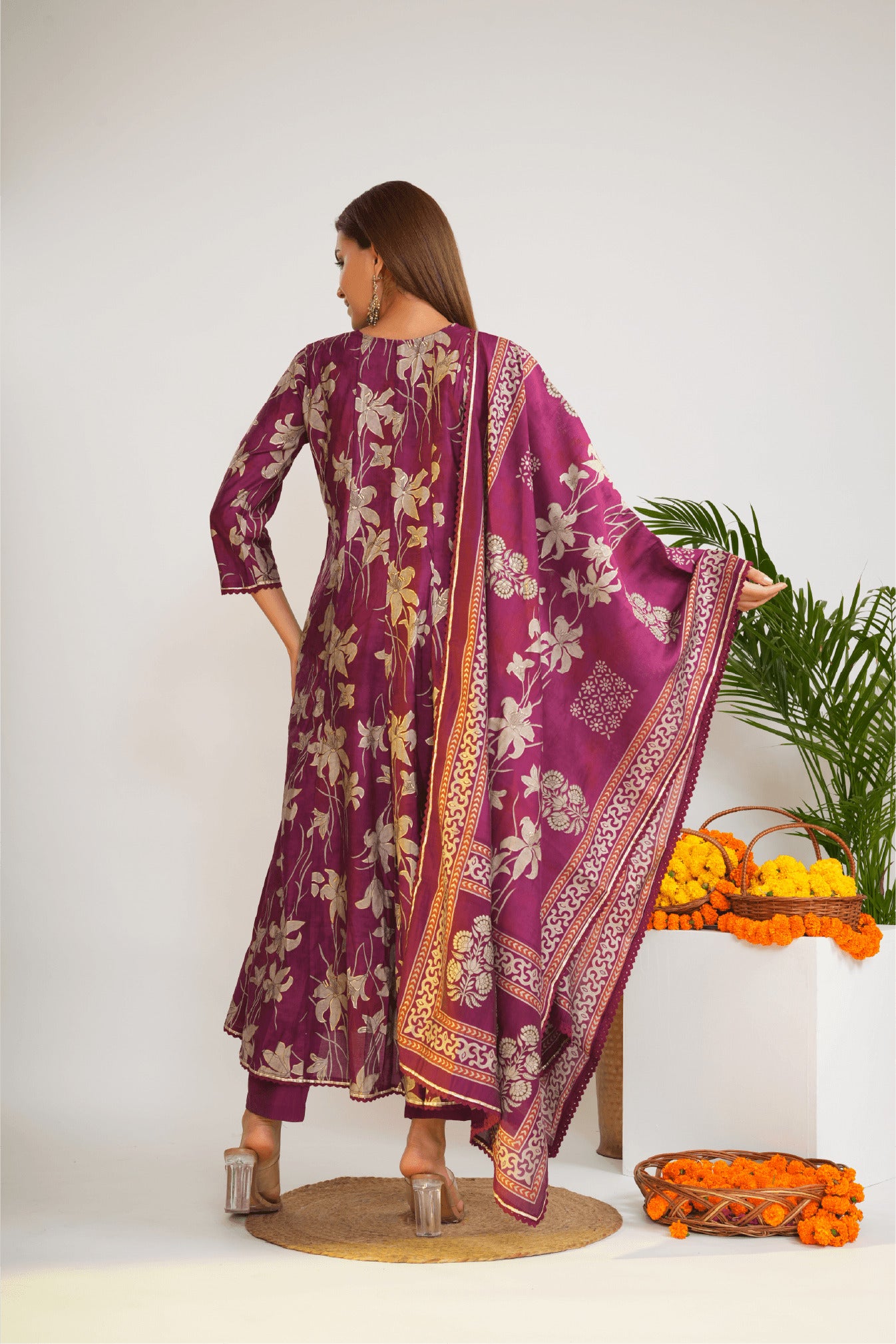 Women Floral Printed Cotton Anarkali Kurta with Trousers & Dupatta