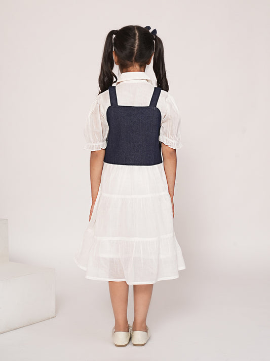 White cotton dress with denim jacket