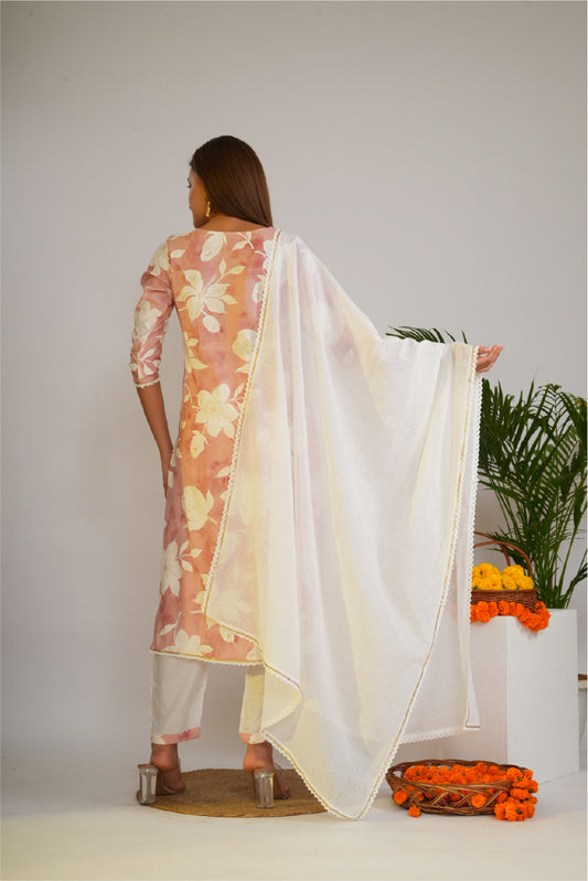Women Floral Print Gotta Patti Pure Cotton Kurta with Trousers & Dupatta