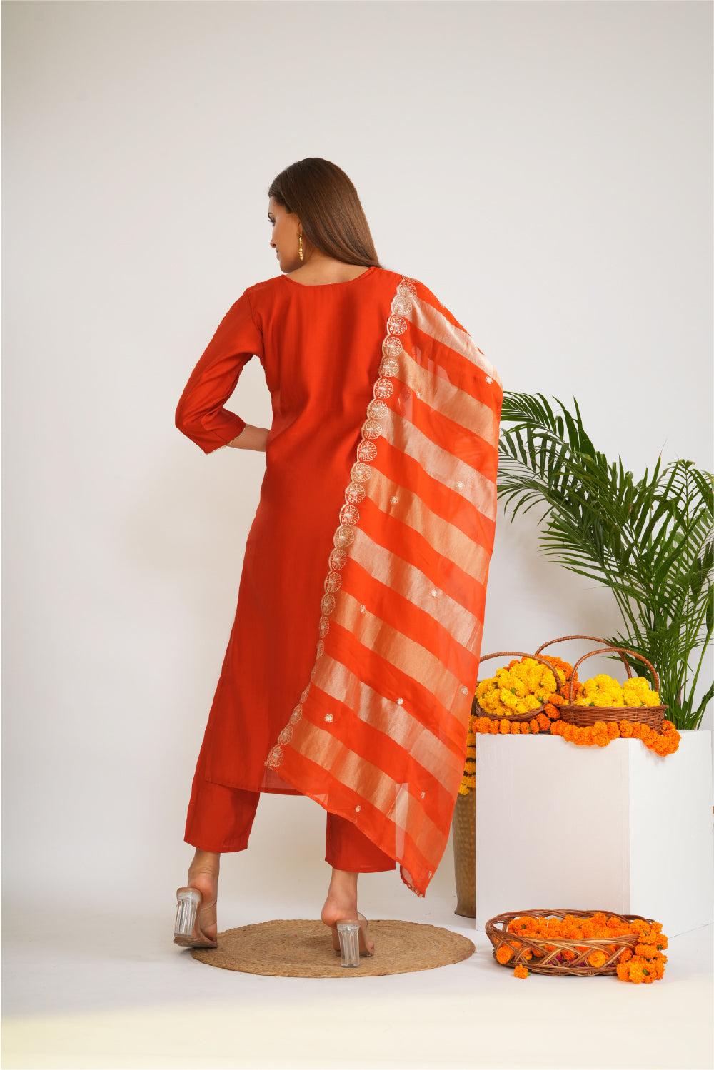 Floral Embroidered Thread Work Straight Kurta With Trousers & Dupatta
