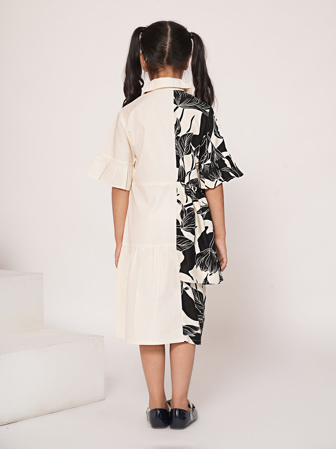Panelled floral printed white dress