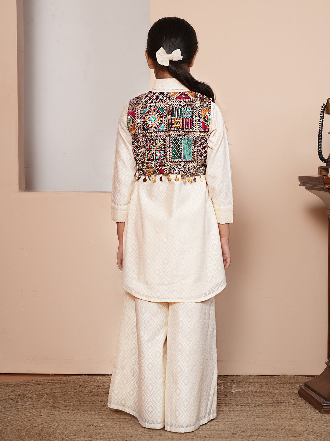 Girls Woven Design Embroidered Kurta with Palazzos and Jacket