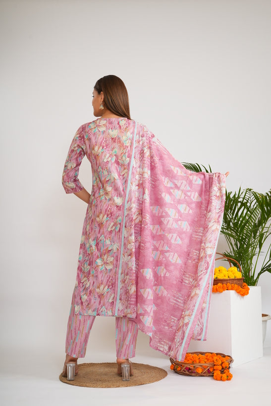 Women Floral Print Thread Work Pure Cotton Kurta with Trousers & Dupatta