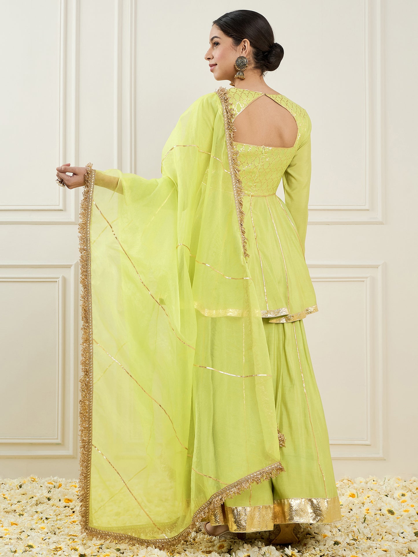 Empire V-Neck Chanderi Silk A-Line Kurta with Palazzo & Dupatta
