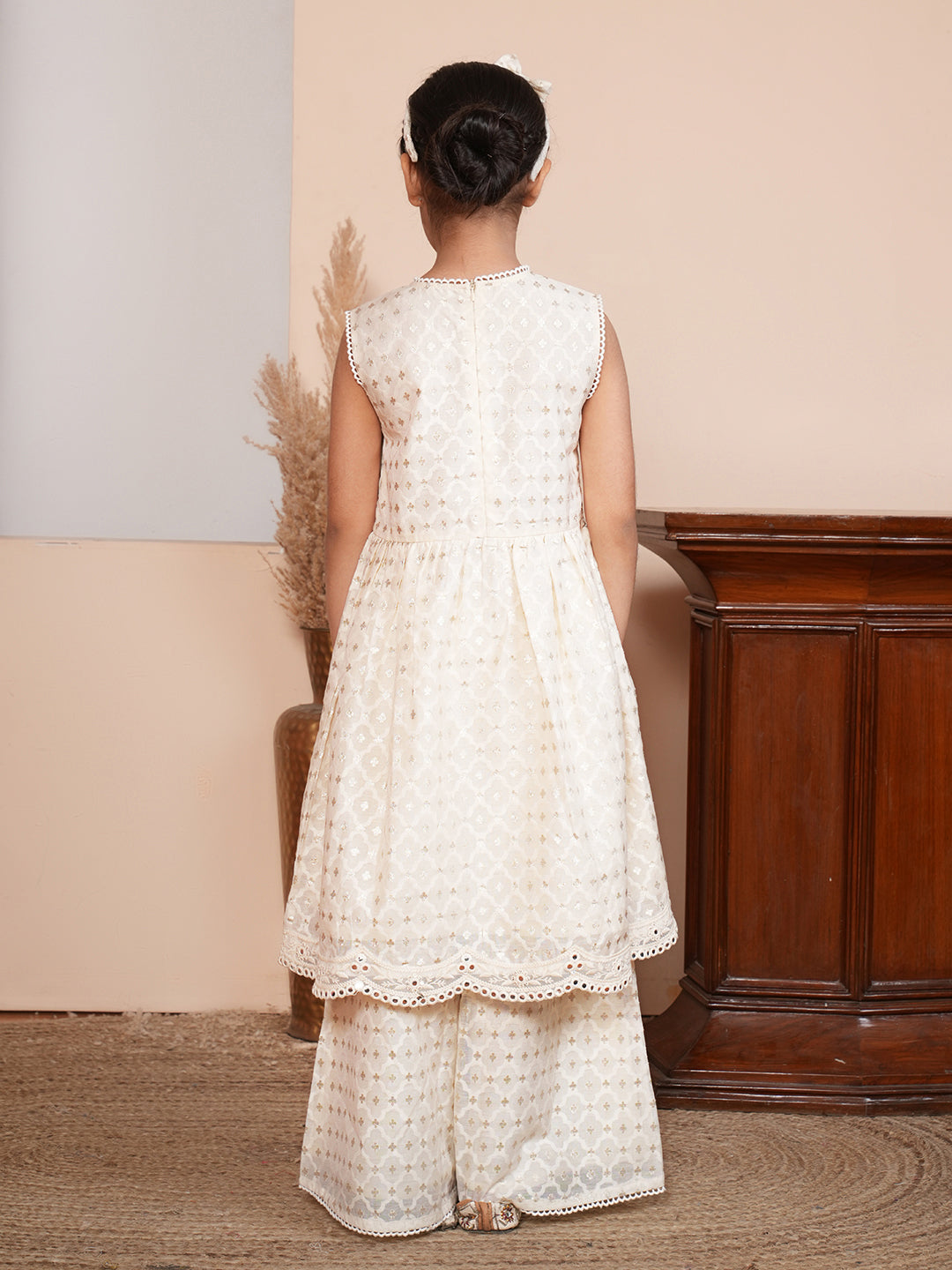 Lace work off white kurta set