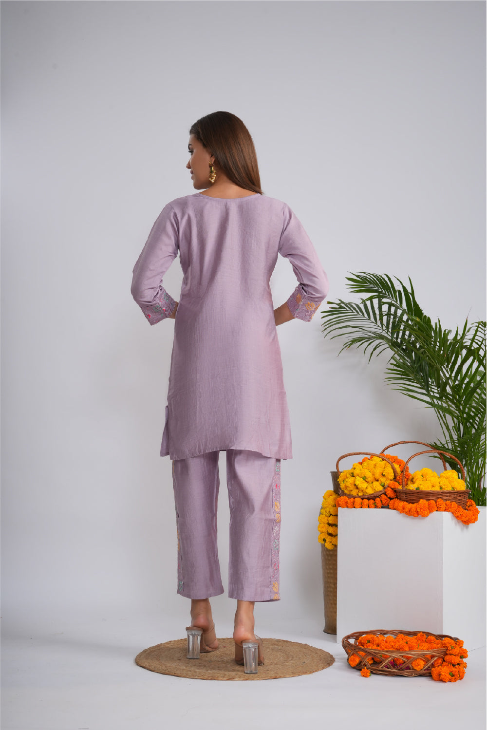 Embroidered Round Neck Tunic With Trousers