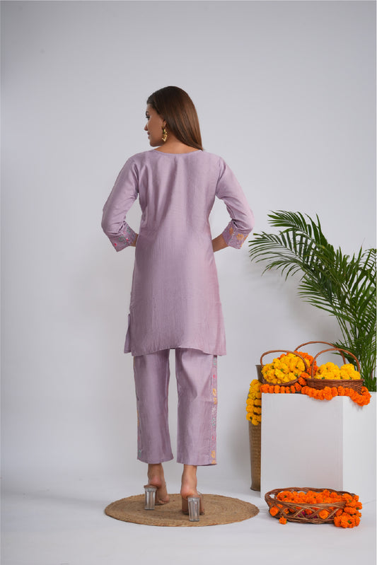 Embroidered Round Neck Tunic With Trousers