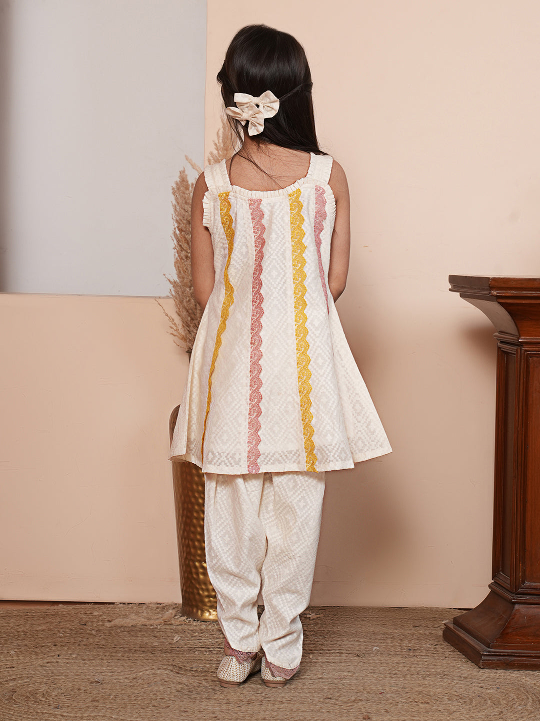 Lace work off white kurta set with dupatta