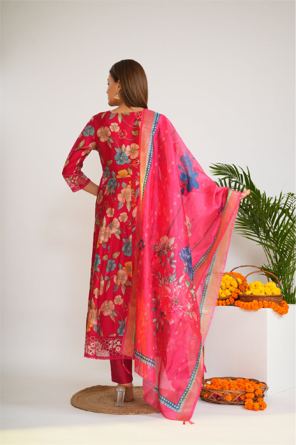 Women Floral Printed Cotton A-Line Kurta with Trousers & Dupatta