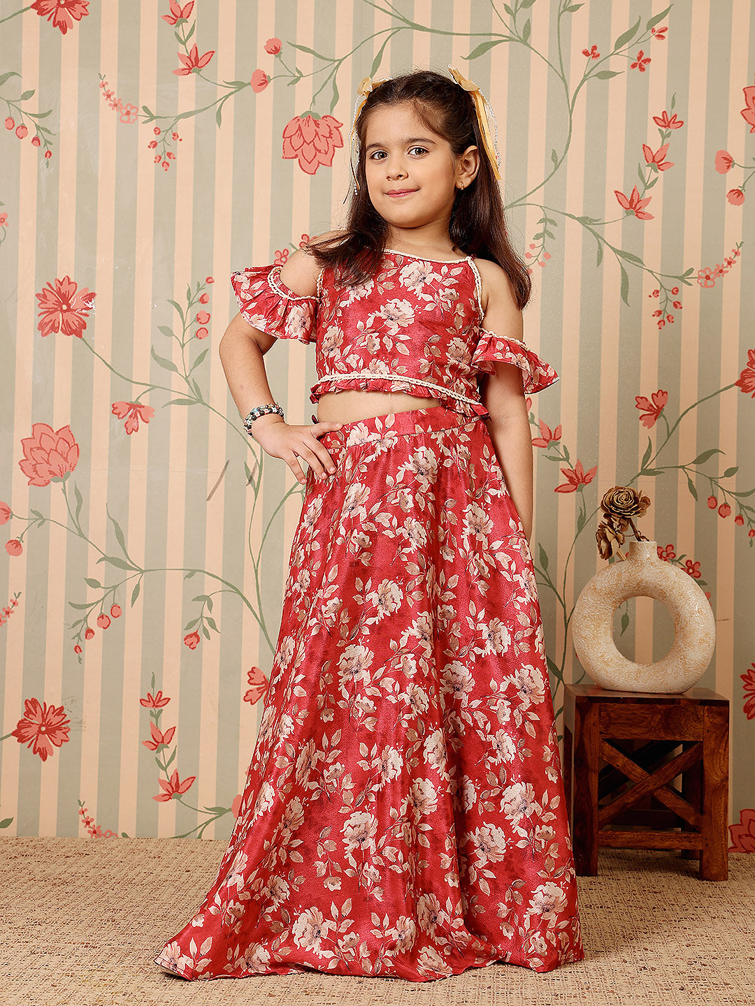 ADORNIA Girls Floral Printed Cold-Shoulder Sleeves Lehenga And Choli