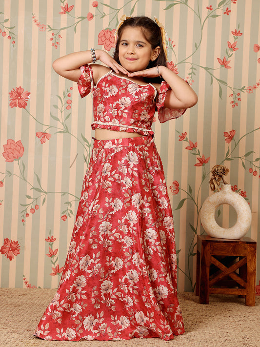 ADORNIA Girls Floral Printed Cold-Shoulder Sleeves Lehenga And Choli