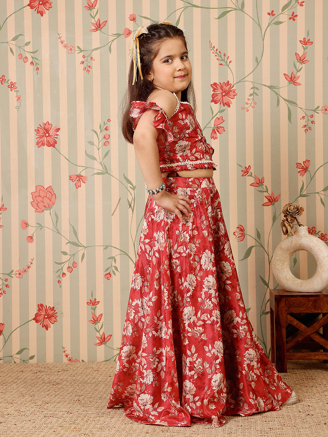 ADORNIA Girls Floral Printed Cold-Shoulder Sleeves Lehenga And Choli