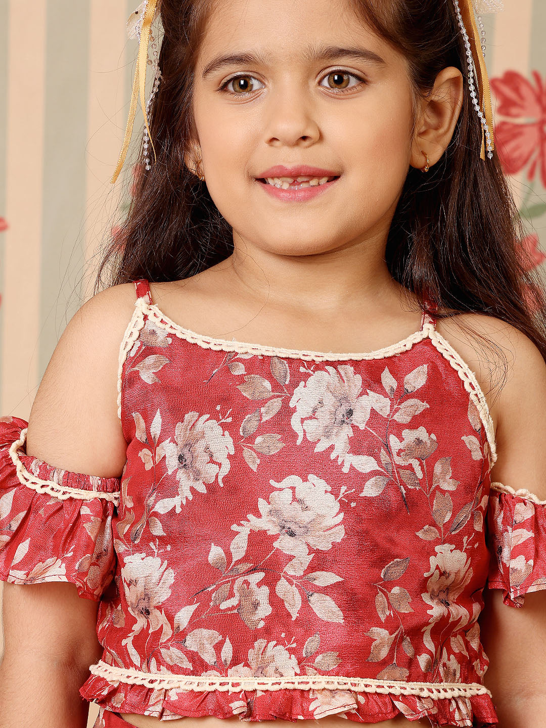 ADORNIA Girls Floral Printed Cold-Shoulder Sleeves Lehenga And Choli