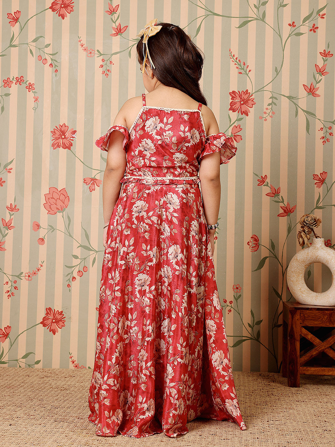 ADORNIA Girls Floral Printed Cold-Shoulder Sleeves Lehenga And Choli