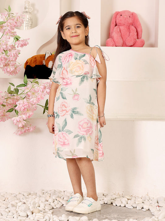 Girls Floral Printed Asymmetric Neck Knee Length A-Line Dress