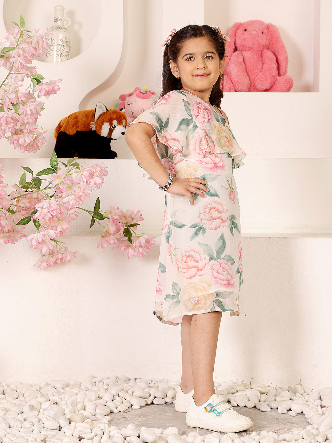 Girls Floral Printed Asymmetric Neck Knee Length A-Line Dress