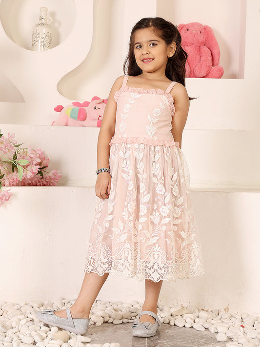 Girls Floral Embroidered Net Fit & Flare Dress