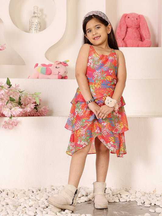 Girls Floral Print Crepe Fit & Flare Dress
