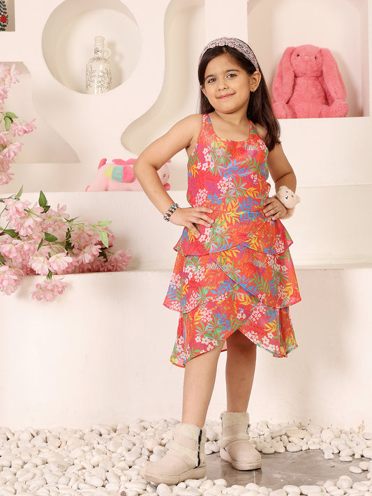 Girls Floral Print Crepe Fit & Flare Dress