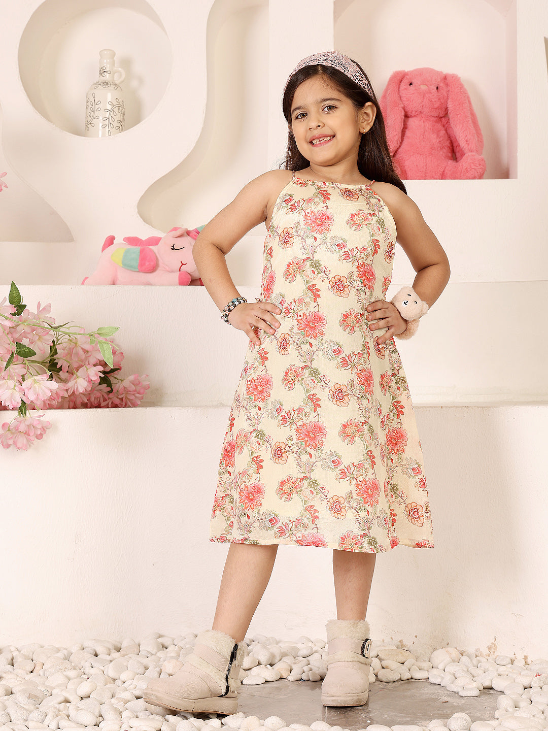 Girls Floral Printed Halter Neck Sleeveless A-Line Dress