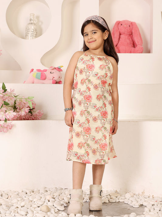Girls Floral Printed Halter Neck Sleeveless A-Line Dress