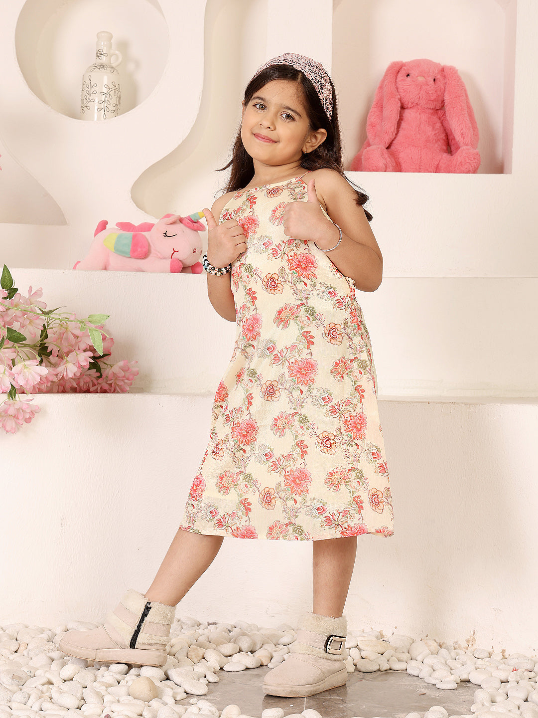 Girls Floral Printed Halter Neck Sleeveless A-Line Dress