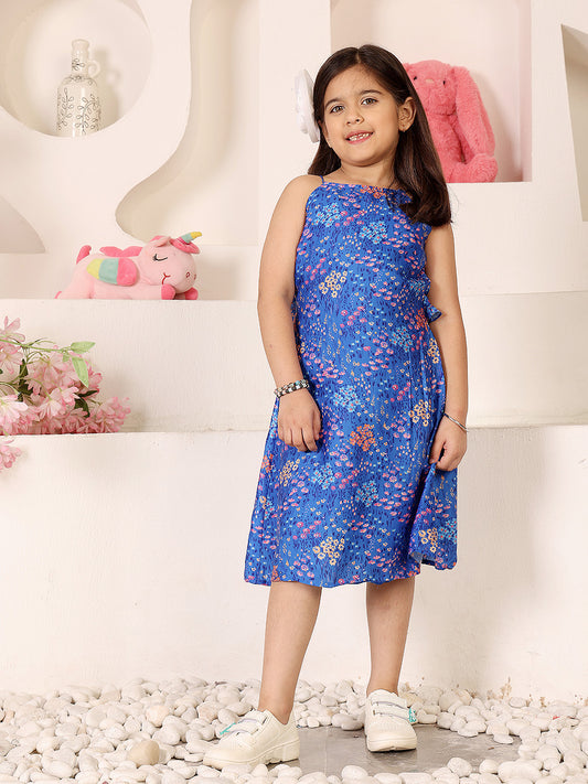 Girls Floral Print Halter Neck Satin A-Line Dress