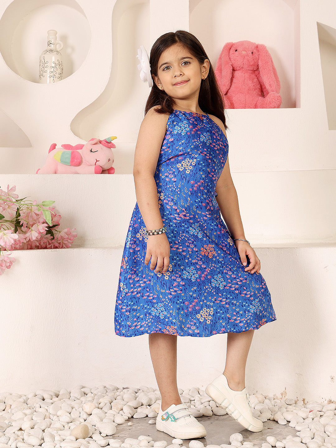 Girls Floral Print Halter Neck Satin A-Line Dress