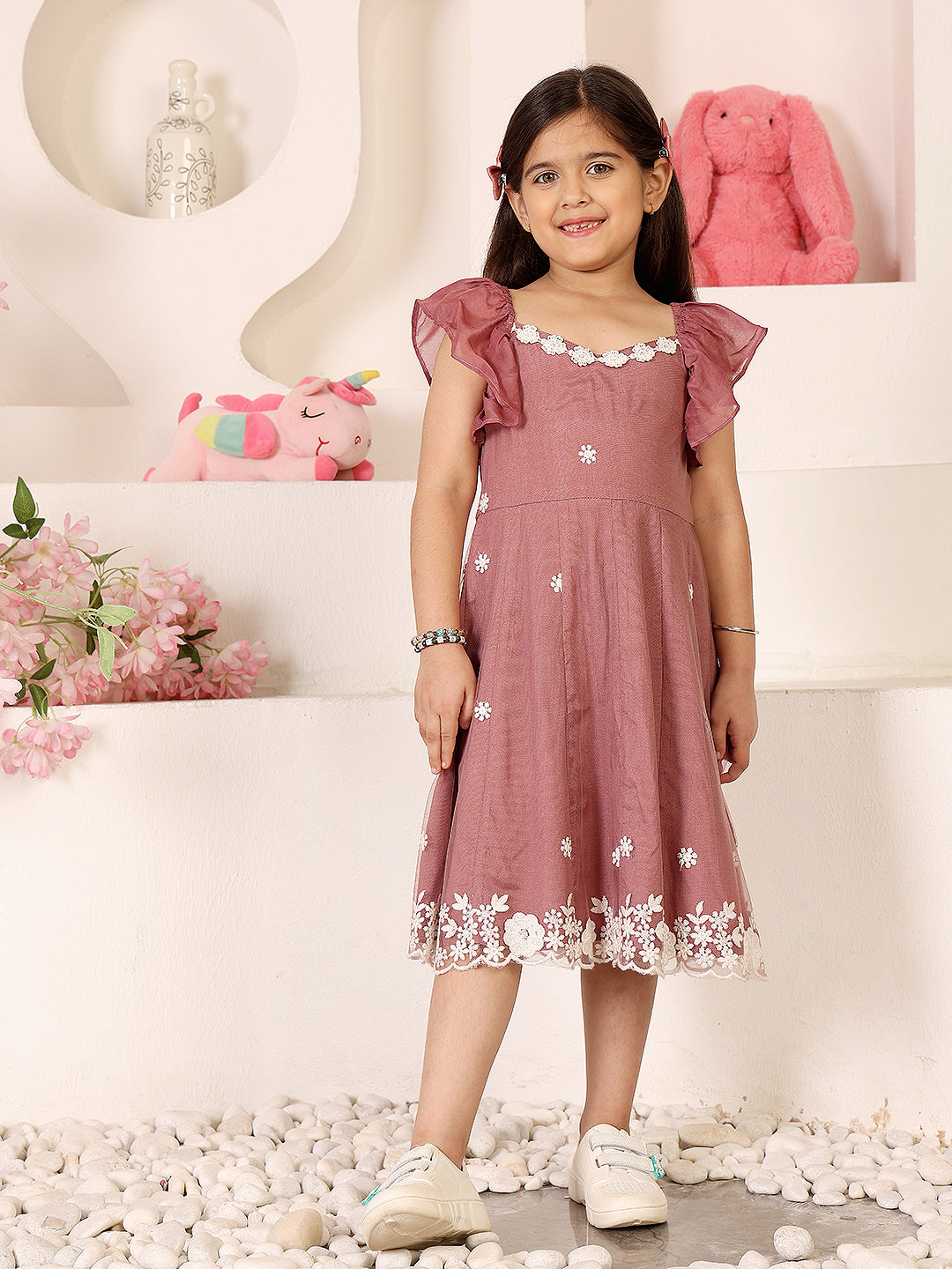 Girls Floral Embroidered Applique Fit & Flare Dress