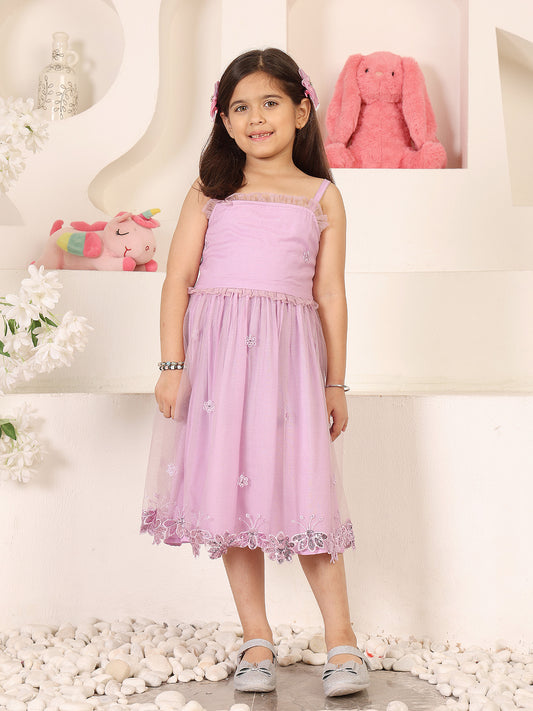 Girls Floral Embroidered Gathered or Pleated Shoulder Straps Net Fit & Flare Dress