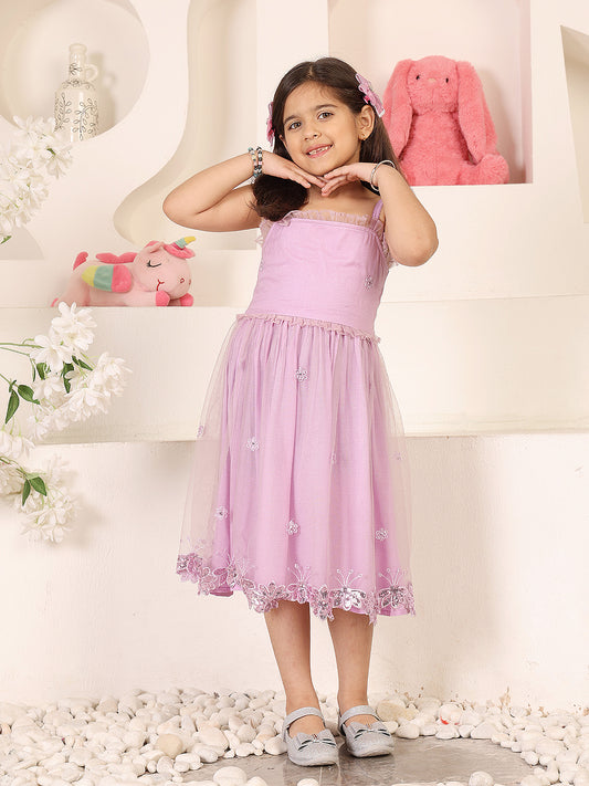 Girls Floral Embroidered Gathered or Pleated Shoulder Straps Net Fit & Flare Dress