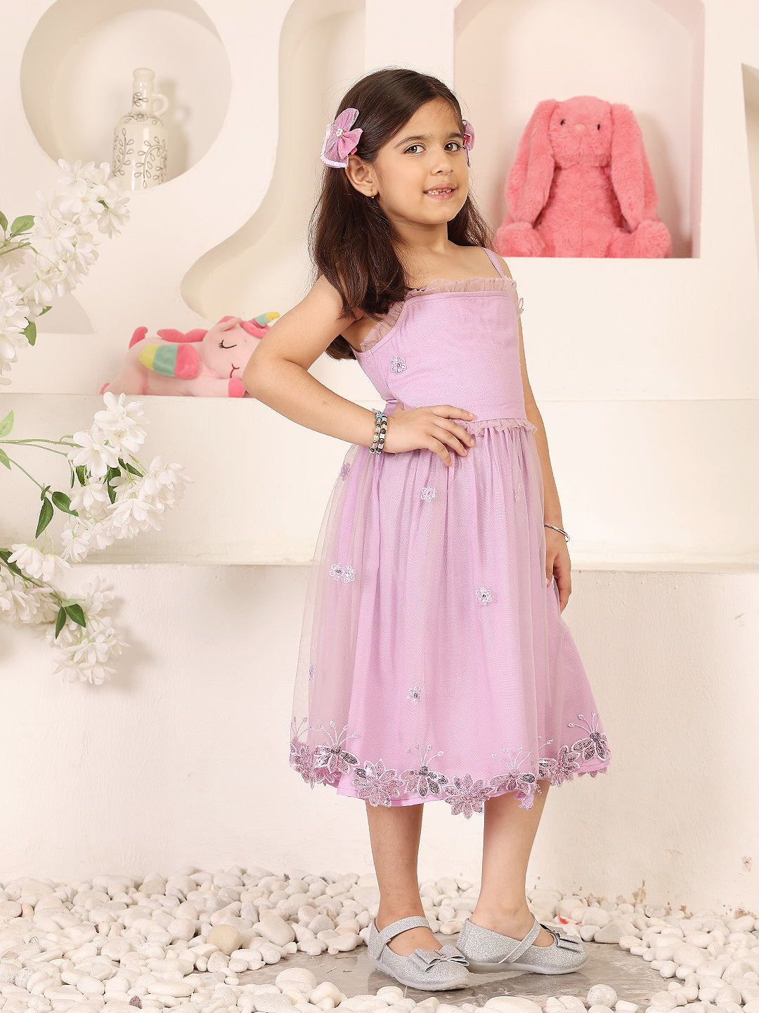 Girls Floral Embroidered Gathered or Pleated Shoulder Straps Net Fit & Flare Dress