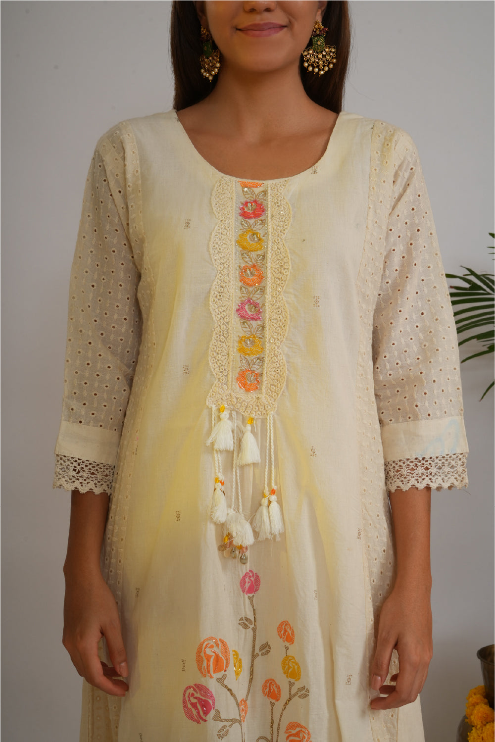 Women Floral Embroidered Thread Work Chanderi Cotton Kurta with Trousers & Dupatta