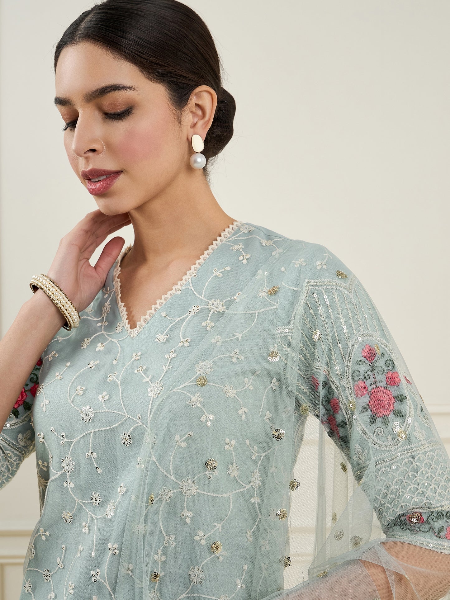 Ethnic Motifs Embroidered Sequinned Straight Kurta With Trouser & Dupatta