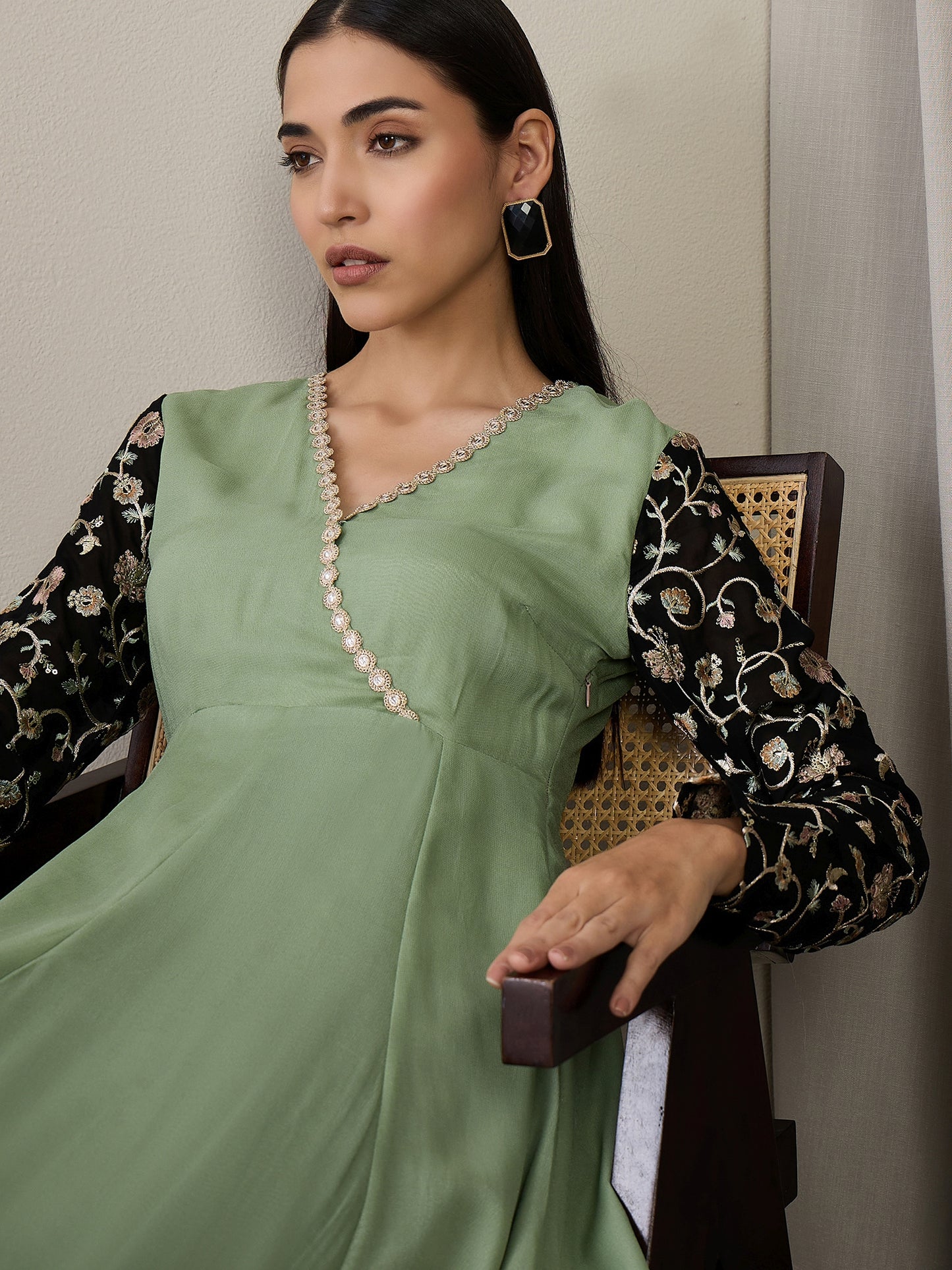 Women Floral Embroidered Angrakha Sequinned Kurta with Trousers & With Dupatta