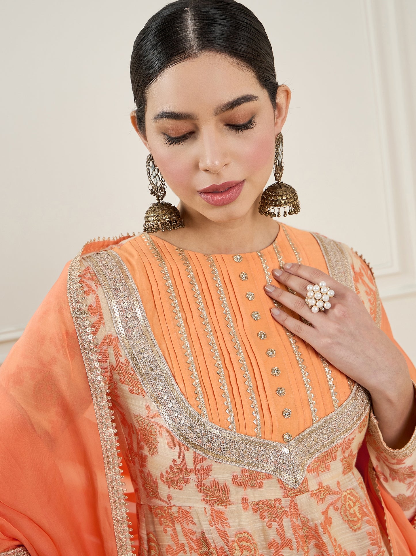 Floral Gotta Patti Regular Anarkali Chanderi Silk Kurta With Churidar & Dupatta