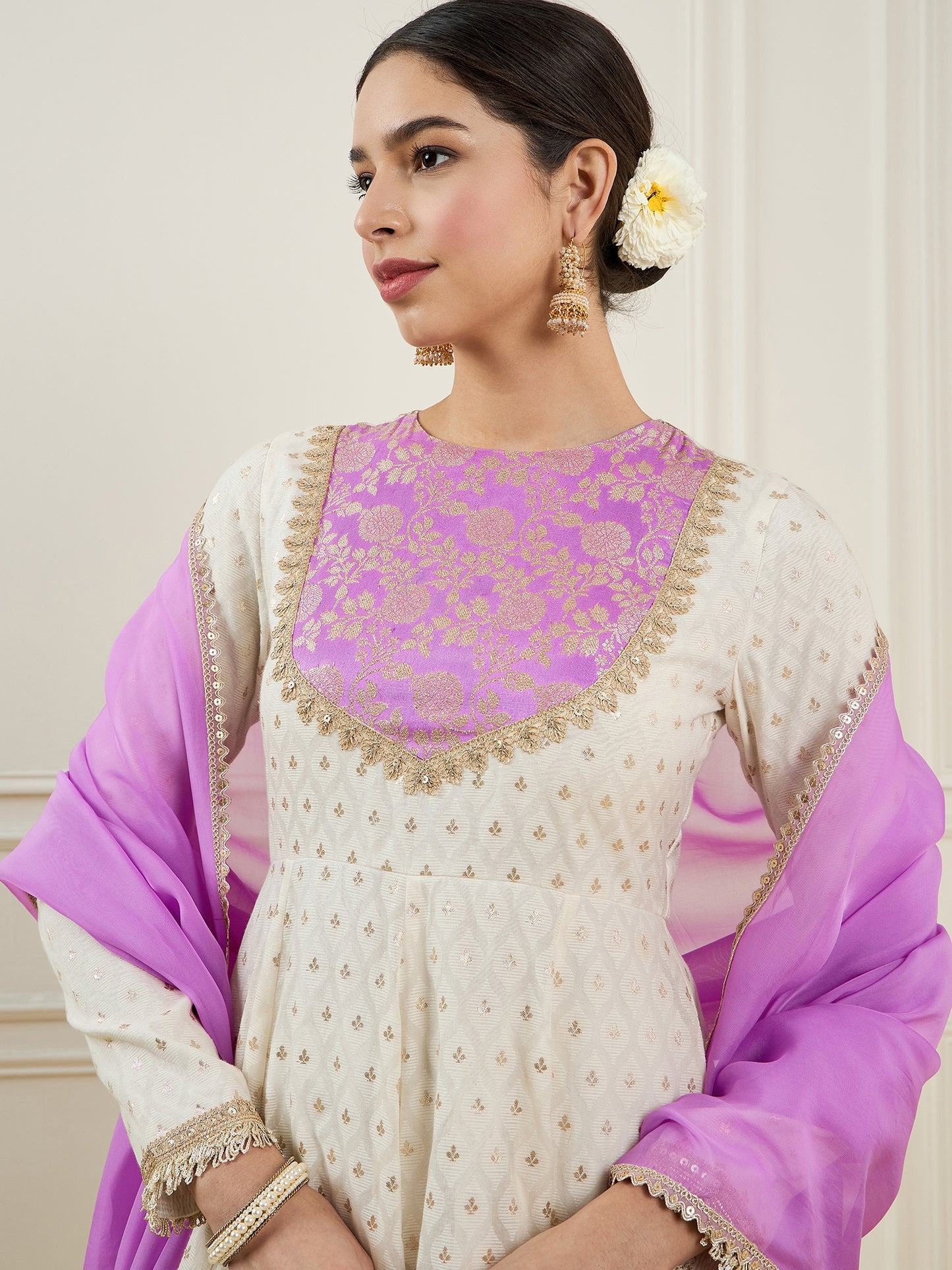 Ethnic Motifs Yoke Design Gotta Patti Chanderi Silk Kurta with Churidar & Dupatta