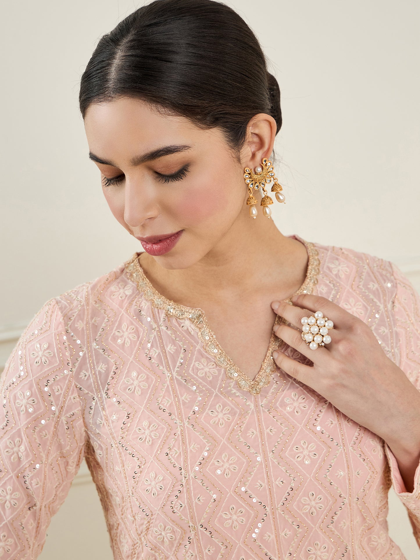 Embroidered Regular Sequinned Straight Kurta & Trousers
