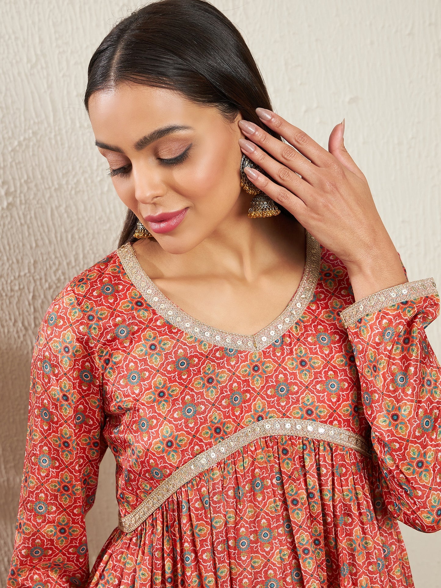 Printed Empire Silk Crepe Kurta & Trousers