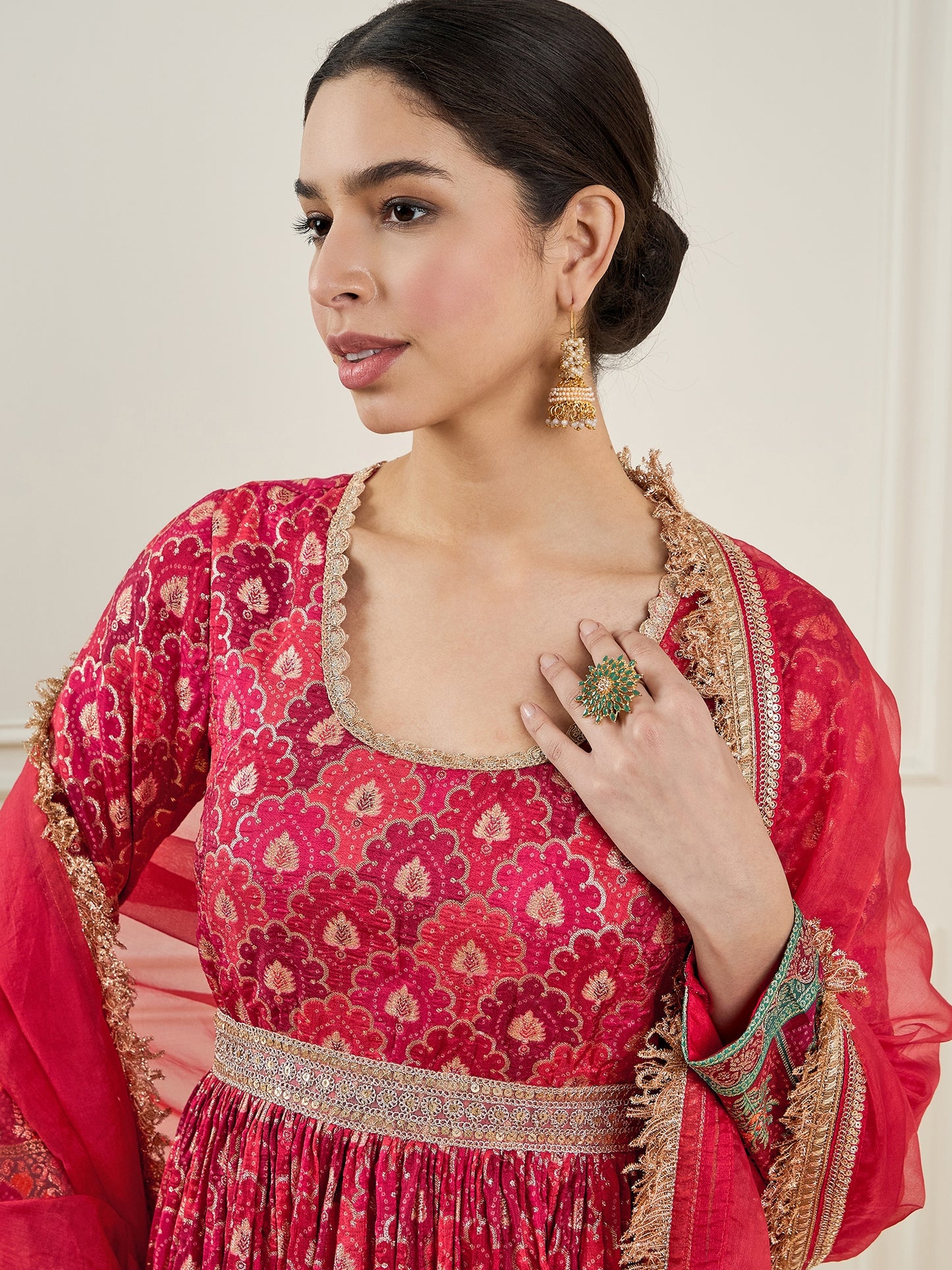 Ethnic Motifs Printed Gathered Detailed Silk Maxi Dress With Dupatta