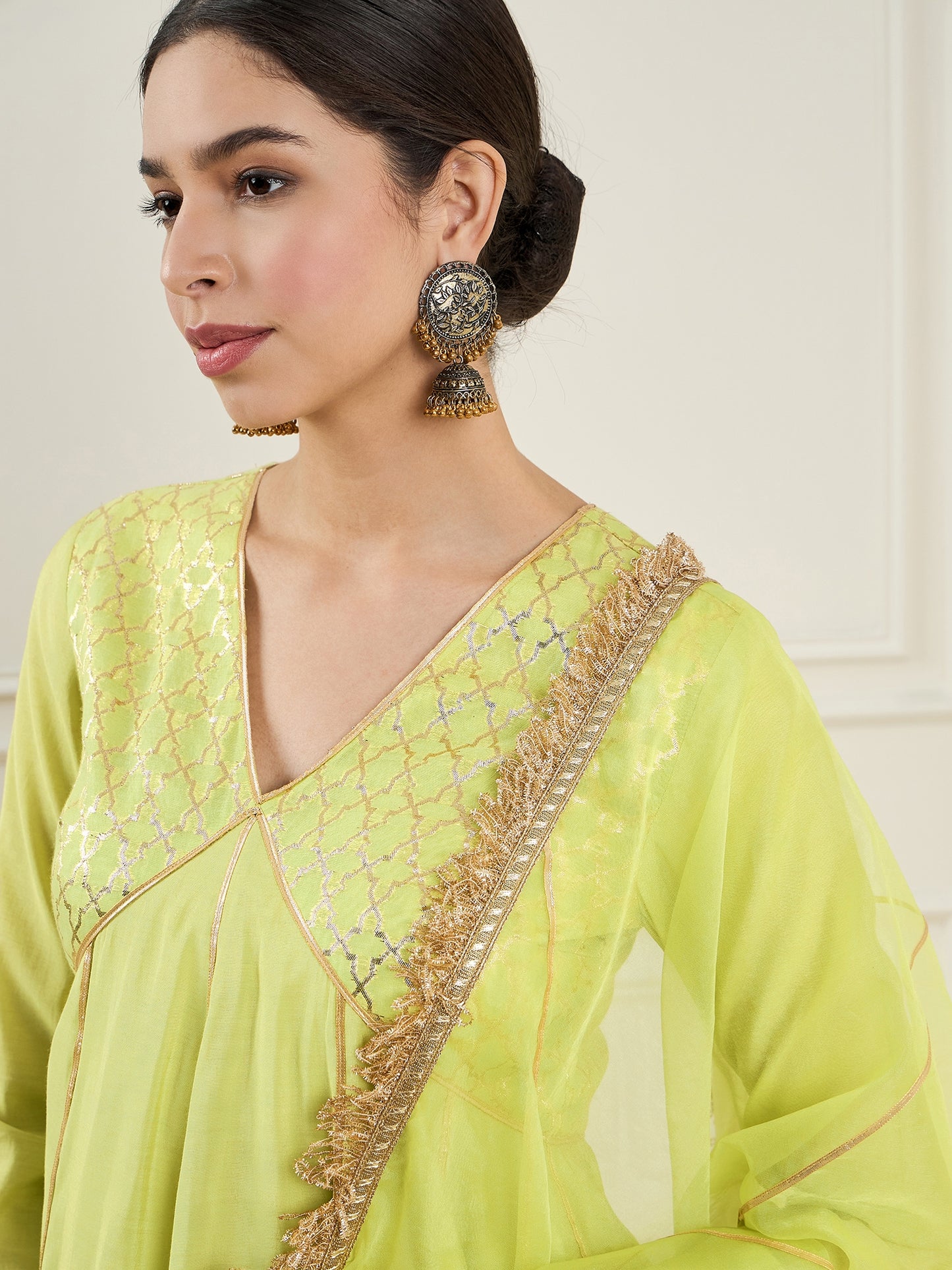 Empire V-Neck Chanderi Silk A-Line Kurta with Palazzo & Dupatta