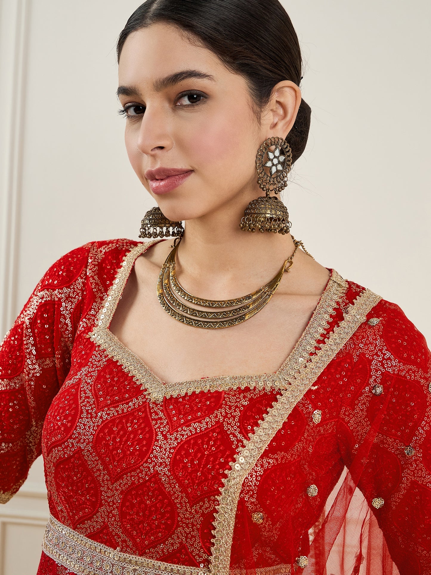 Women Embroidered High Slit Sequinned Silk Georgette Kurta with Sharara & With Dupatta