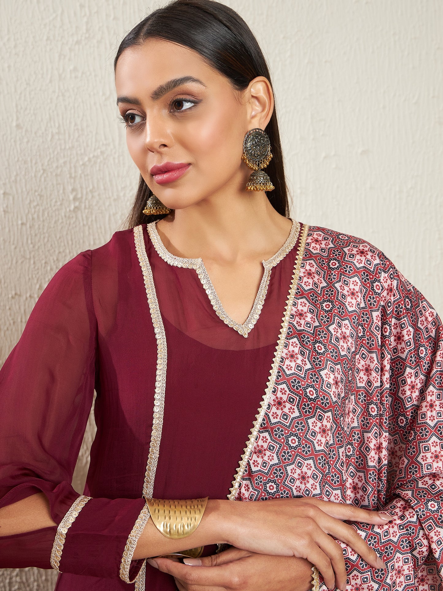 Notch Neck Regular Sleeves Gotta Patti Kurta With Palazzos & Dupatta