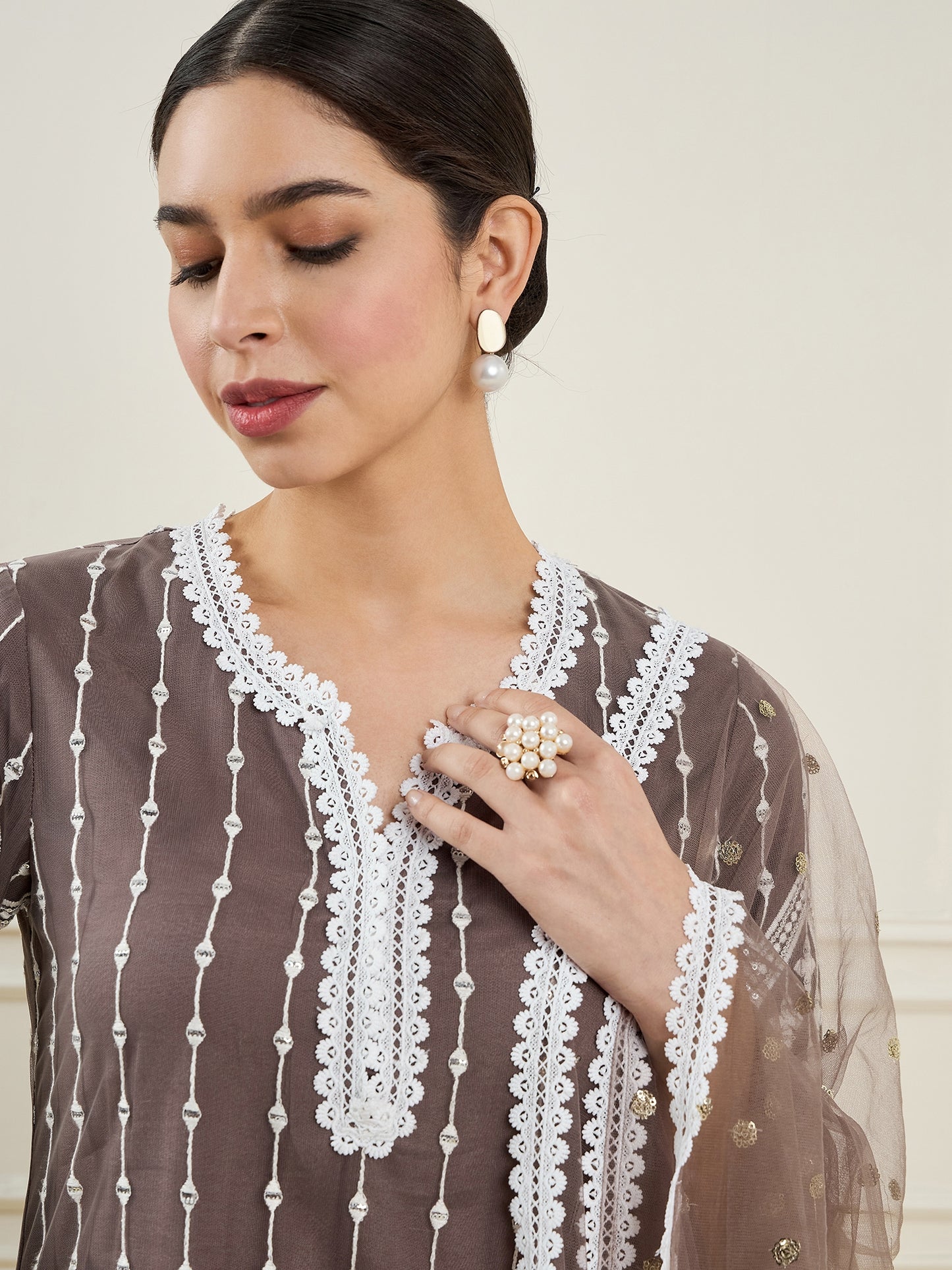 Embroidered Sequinned Straight Kurta with Trousers & Dupatta