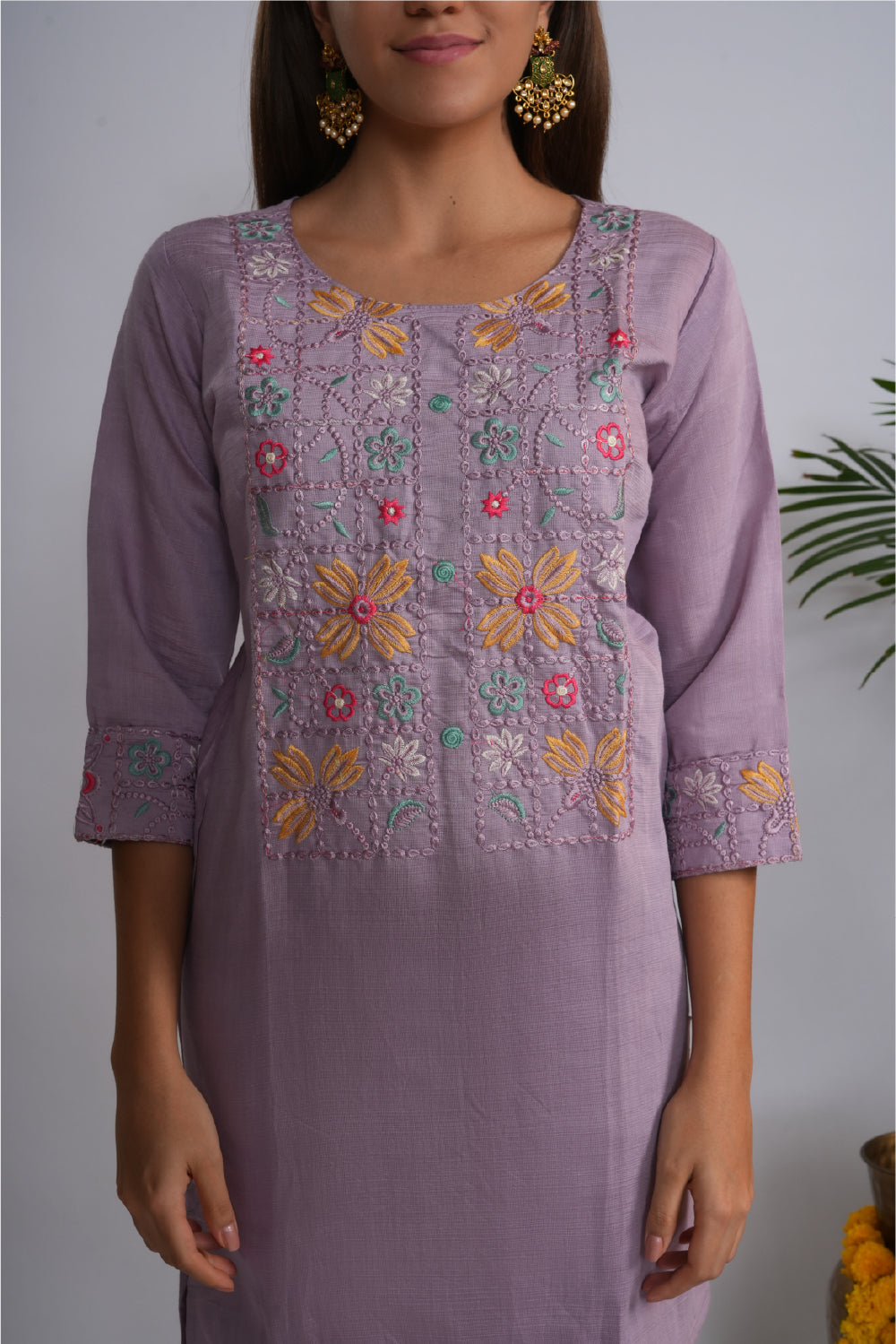Embroidered Round Neck Tunic With Trousers